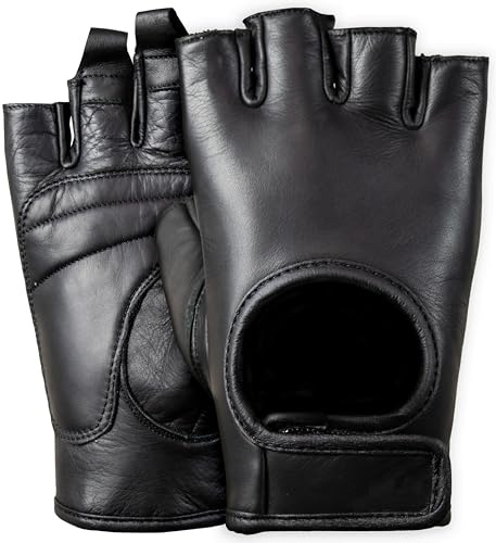 MDM Guanti Moto Uomo Mezze Dita in Pelle – Stile Vintage Custom Biker, Grip Sicuro e Imbottitura – Ideali per Estate e Scooter, Colore Nero