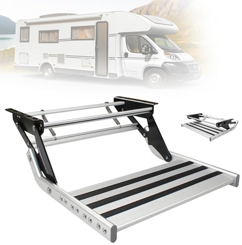 Elektrisch/manuell ausziehbare Wohnmobil-Trittstufe mit rutschfester Oberfläche und integrierter LED-Beleuchtung, Tragkraft 440 lbs (ca. 200 kg), Aluminiumtreppe für sichere Nutzung bei Nacht in Woh