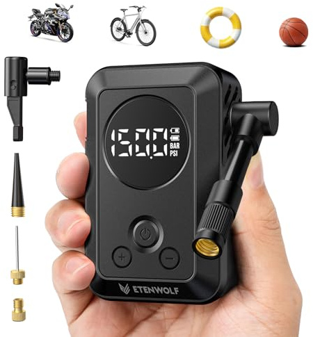 ETENWOLF Elektrische Fahrradpumpe,10,34 BAR Tragbare Reifenpumpe | Mit Presta&Schrader Ventil,Schnellbefüllung Sowie Auto-Stopp Luftpumpe,Mit Manometer Für Fahrräder,Mountainbike&Ball,Schwarz