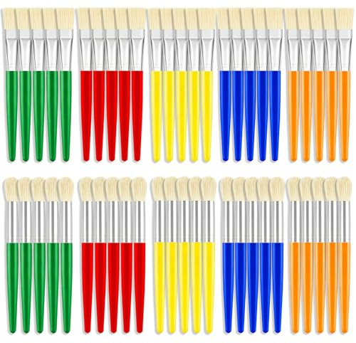 50 Pcs Kids Paint Brushes, Colorful Childrens Painting Brushes Set, Round and Flat Bristle Paintbrushes, Paintbrush Art Supplies for Kids, Beginners, Acrylic Paints, Watercolor