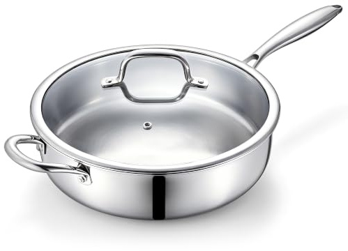 HaWare Saute Pan with Lid, Uncoated Induction Deep Frying Cooking Pan, 30cm | Tir-Ply Stainless Steel, Healthy, Compatibility for All Stovetops, Ergonomic Stay-Cool Handle, Dishwasher/Oven Safe