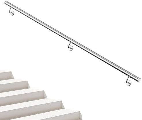 AICA Barandilla de escalera, Pasamanos de acero inoxidable 304 cepillado, 200 cm con 3 Soportes, para Interior y Exterior