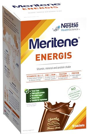 Meritene Energis Chocolate Protein Shake | 30g Powder Sachets, Pack of 15 | Nutritional Support Mix with Proteins and Minerals | With Vitamin D, B & K