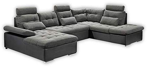 Stella Trading JAKARTA Wohnlandschaft in U-Form, Stoffbezug Schwarz / Lava - Ausziehbares Sofa mit Schlaffunktion & Bettkasten - 324 x 107 x 170 cm (B/H/T) Rechts