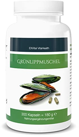 Grünlippmuschel 300 Kapseln- hoch konzentriert von EXVital, 300 Kapseln in Deutscher Premiumqualität, kein Magnesiumstearat, ApoTest: Sehr Gut