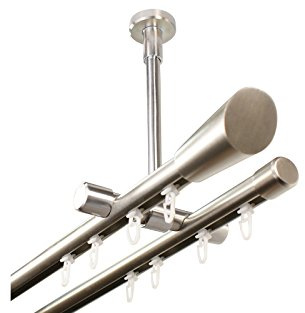 iso-design Innenlauf Gardinenstange 2-läufig Farbe Edelstahl 20 mm Durchmesser mit Deckenhalter, großer Deckenabstand, Deckenhalter kürzbar, Endstück Digo, 240 cm (2 x 120 cm)