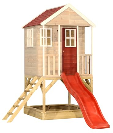 Wendi Toys M8R Maison de Jeu avec Toboggan, cabane sur pilotis en Bois pour Enfants, Hauteur de Plateforme 90 cm, 280×197×242 cm avec Toboggan 175 cm, échelle, Balcon, bac à Sable, Rouge