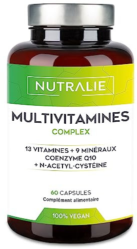 MULTIVITAMINES ET MINÉRAUX - Multivitamines A-Z 29 actifs - Complexe vitaminique complet - Femmes Hommes - Vitamines A B C D E K, L-cystéine, Q10 et 9 minéraux - 60 gélules végétaliennes Nutralie