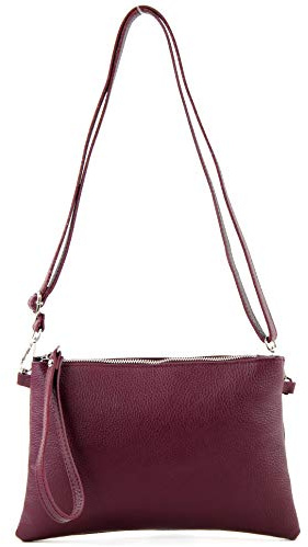 modamoda de - T186 - Pochette italiana in pelle con tracolla media, Colore:Bordeaux viola