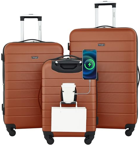 Wrangler Smart Luggage Set with Cup Holder and USB Port, Burnt Orange, 3 Piece Set, Smart Luggage Set with Cup Holder and USB Port