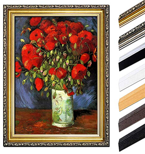Bilderdepot24 Bild mit Rahmen - Vincent van Gogh Vase mit roten Mohnblumen 40x50 cm - Gerahmtes Leinwandbild Alte Meister - Antiker Rahmen Gold Barock, Klassisch