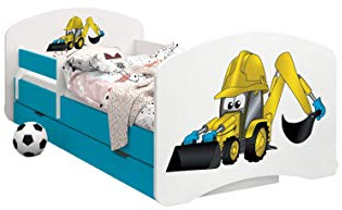 HappyBabies - Doppelseitiges Kinderbett MIT SCHUBLADE Modernes Design mit sicheren Kanten und Absturzsicherung Schaumstoffmatratze 7 cm Blau (Bagger, 190x90)