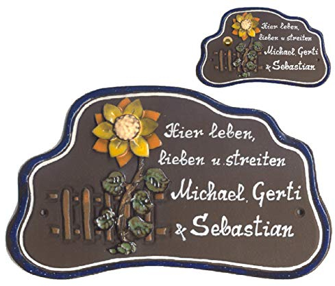 Keramikschild-Sonnenblume-Türschild-Klingelschild-Namensschild-2 Größen-Schild-Relief von Hand gefertigt-Incl. Beschriftung-Mit, oder ohne Klingel (6906 = 23 x 15 cm mit Klingel)