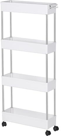 T-LOVENDO.ES Carro de Cocina Estrecho Alto con Ruedas. Carrito Auxiliar Organizador verdulero. Almacenaje Vertical cajones de plástico. (Blanco, Cuatro Baldas)