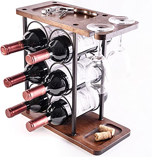 LINGLAN Soporte para 6 Botellas de Vino de Encimera - Estante de Exhibición de 3 Niveles Con 2 Estantes de Secado de Copas