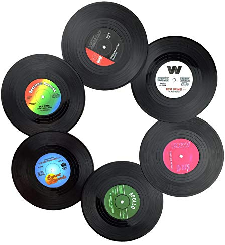 Record Coasters, 6 Pcs Black Retro Vinyl CD Coaster for Drink, Quirky Home Decorative Accessories for Home Pub Mat, Bar Mats for Beer Coffee Tea, Gifts for Music Lovers