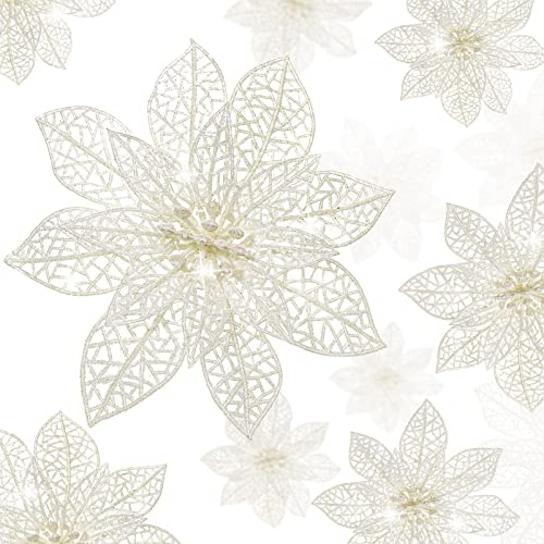 WILLBOND 36 Stücke Weihnachtsblumen Glitzer Weihnachtsstern Blumen Hochzeit Künstliche Glitzer Blumen Weihnachtsbaum Neujahr Ornamente (Weiß)