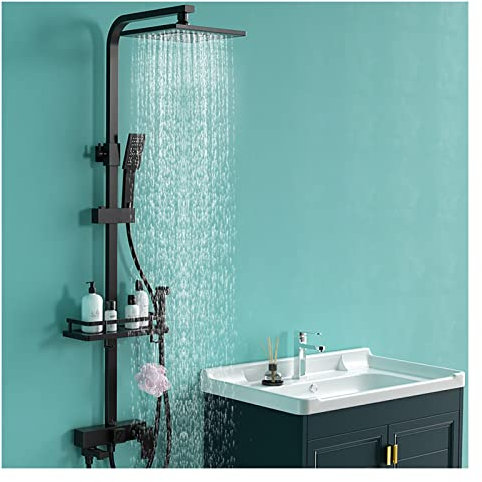 BHBXZZDB Colonne de Douche, Hauteur Réglable Pommea de Douche Effet Pluie, Colonne de Douche Showerpipe, Porte-Savon et Douchette 3 Jets, Noir Mat