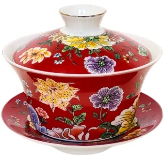 KOPYFANTAP Tazza da Tè in Porcellana Tradizionale Kungfu Cinese con Coperchio e Piattino,Gaiwan in Porcellana Rosso con Grafica Fiori, Tazza Tea Set da 300 ml di Grande Capacità per Tè o Caffè