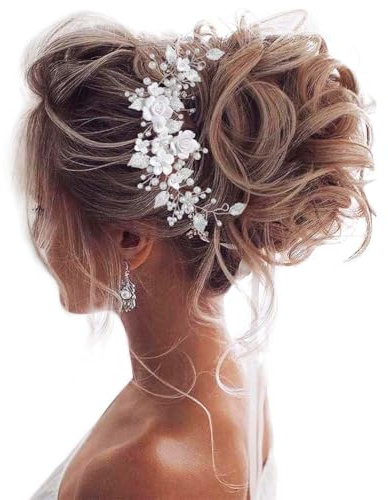 Unicra Flower Bride Wedding Hair Vine Pearl Bridal Hair Piece Leaf Hair Accessories Rhinestone Headband for Women and Girls (9inches) (Silver)