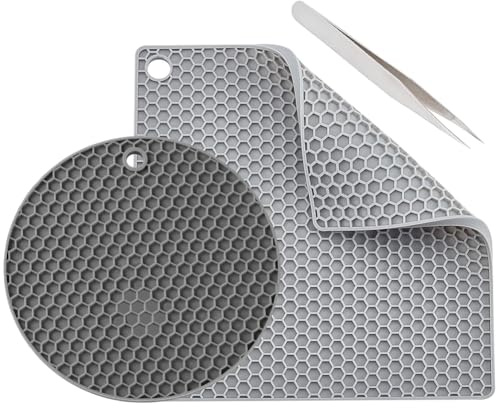 GORGECRAFT 2 Styles Silicone Doming Mats Round Square Resin Table Trivet Mats with Tweezer Heat Resistant Rubber Honeycomb Gray Pads Trays for Hot Pot Holder Coaster DIY Resin Crafts Supplies