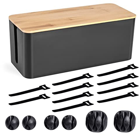 Cable Management Box - Wooden Style Cord Organizer Box to Hide Wires & Power Strips | Desk Computer Cable Organizer Box | Safe ABS Material | 12.6 (L) x 5.3 (W) 4.9 (H) | for Home & Office - Black