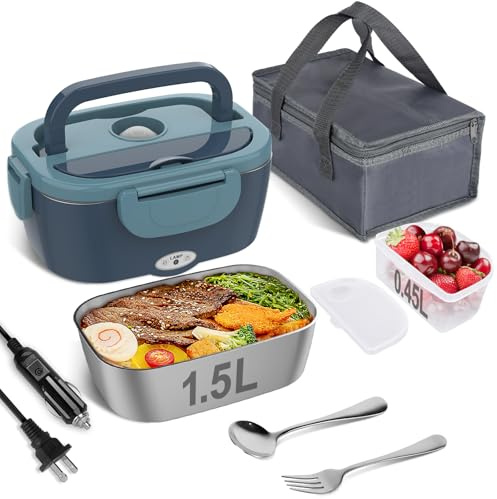 Vabaso Electric Lunch Box Food Heater, 80W Electric Heating Lunch Boxes Lunch for Adults/Men/Car/Truck/Work, 1.5L Removable 304 Stainless Steel Container, 110V/12V/24V, with Fork & Spoon