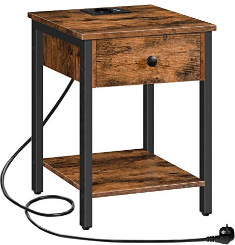 HOOBRO Nachttisch mit Ladestation und USB-Anschlüssen, Beistelltisch mit Schublade und Ablage, Nachtschrank für kleine Räume und Schlafzimmer, Vintagebraun-Schwarz EBF40CBZ01