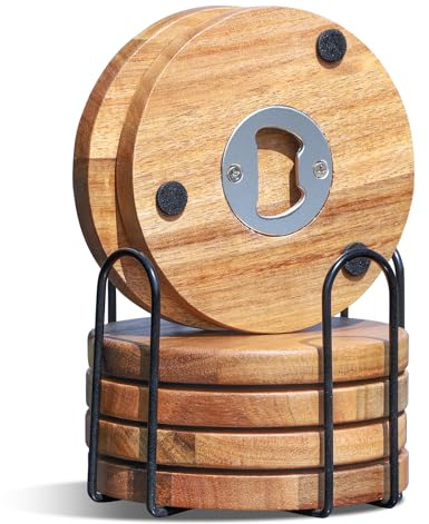 Posavasos de madera, juego de 6 posavasos de madera con abridor de botellas, posavasos de madera redondos para vasos con soporte, para bebidas, bar, tazas, posavasos de mesa, posavasos para bebidas..