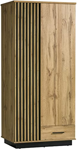 LAMIA - Kleiderschrank 90cm Breit, Kleiderschrank klein, Garderobenschrank mit Kleiderstange und 1 Schublade, Kleiderschränke für Schlafzimmer, Flur, Schlafzimmer, Wotan Eiche / Schwarz matt