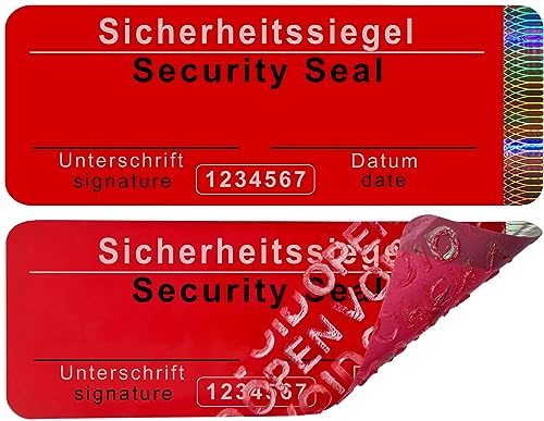 250 Stk – Sicherheits-Siegel mit Seriennummer ohne Rückstände - 70x25mm rot | beschreibbar - Sicherheitssiegel, Siegeletiketten, Siegelaufkleber, Klebesiegel, Security Seal Sticker Siegelband Briefsiegel