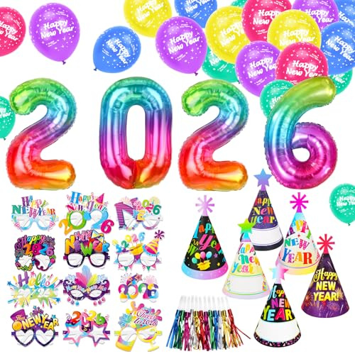 HOWAF Silvester Deko 2026, Silvester Luftballons Silvester 2026 Ballon, Happy New Year Brille Partyhüte Partytröten für Foto Requisiten Neujahr Happy New Year Deko