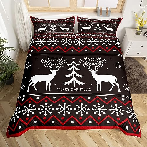 Glückliche Weihnachten Tröster Abdeckung Rentier und Weihnachtsbaum Bettbezug 135x200,Weihnachtsdekor Bettwäsche Set Weihnachten Moderne Kunst Schneeflocke Patchwork Quilt Cover mit 1 Kissenbezug