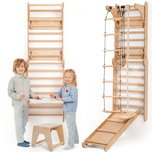 Goodevas Set da Parete Svedese 6 in 1 e Scivolo per Bambini, Versatile, Scala da Arrampicata, Altalena e tavola Scorrevole, Attrezzatura da Gioco Ideale per Interni, per Bambini da 2 a 12 Anni