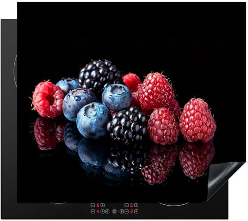 KitchenYeah© Herdabdeckplatte Induktion Schutzmatte Küche Herdabdeckung | 59x52 cm - Ceranfeld Induktionsmatte Cerankochfeld Abdeckung Obst - Rot - Blaubeere - Himbeere - Stilleben