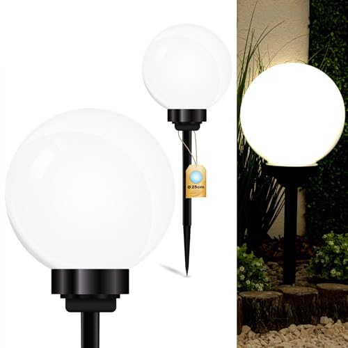 LUMILED Solarleuchte Garten Solarlampe mit Erdspieß LED Solarkugel für außen Kaltweiß 6500K Solar Gartenleuchte 25 cm Solar-LED-Wegeleuchten Wegbeleuchtung Bodenleuchte 1 Stück