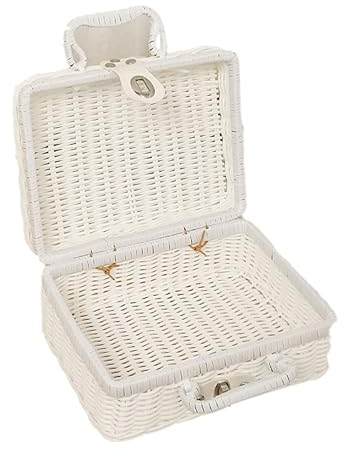 JYCRA Rattan-Koffer, Rattan-Aufbewahrung, Rattan-Picknickkorb, Aufbewahrungskörbe mit Deckel, Gewebter Aufbewahrungs-Picknickkorb mit Deckel, Handgewebter Koffer aus Künstlichem Rattan(Large-Weiß)