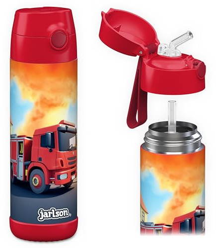 Jarlson® Trinkflasche Kinder Edelstahl Charli [MIT STROHHALM] - Thermosflasche Auslaufsicher - Thermoskanne - Water Bottle Kids - Thermo Trink Flasche für Schule & Kindergarten (500ml, Feuerwehr)