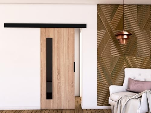 MINIO go for it - Schiebetür PRIM G, Tür 106 cm, Zimmertür, Schiebetürsystem, Lacobel, Wandmontage, Türe Innen, Schwarzer Griff, Farbe: Sonoma Eiche/Schwarz