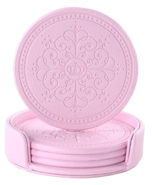 LISRSC Coasters Set of 4 - PU Leather Mat with Holder - Pink Round Coasters for Drinks - Coffee Table Pads Set Gifts for Home,Bars,Cafes,Party,Office Decor