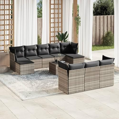 Homgoday 11-TLG. Garten-Sofagarnitur mit Kissen Balkonlounge Gartenmöbel Gartenlounge Gartensofa Balkon Sofa Sitzgruppe Ecksofa Lounge Balkonmöbel Gartenset Hellgrau Poly Rattan