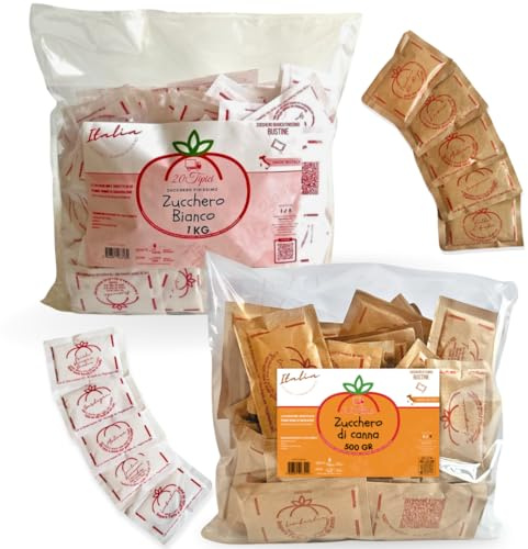 Zucchero & Proverbi 20tipici - 100 Bustine Zucchero di Canna + 200 di Zucchero Bianco da 5gr con Frasi & Citazioni Italiane - Bustine Monodose 500G - Made in Italy (1,5KG, 200 BIANCO + 100 CANNA)