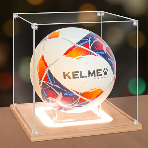 NONEMEY Vitrine de Football avec lumière,Boîte de Football en acrylique protégée contre les UV avec base en bois,Vitrine pour de Autographié Sport Ballon,Cadeaux de Soccer, 25x25x25 cm