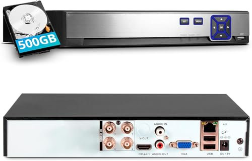 4 Channel CCTV Camera Systems with 500GB HDD, 8 Ch 5MP H.265+ Surveillance DVR Recorder for Analog XVI AHD TVI CVBS CVI IP Cameras, DVR for Security Home Surveillance System, Mobile APP PC Remote