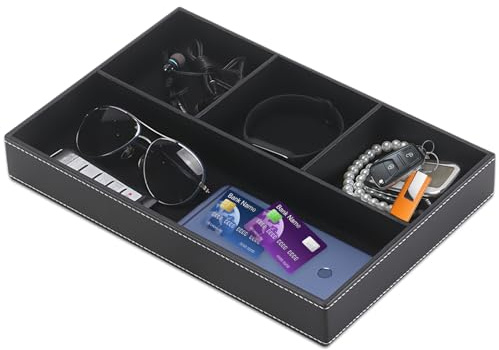 LEKEFETO Bandeja de piel para escritorio, organizador de escritorio con 4 compartimentos, vacío, organizador para teléfono móvil, reloj, llaves, artículos de papelería, monedas, joyas, color negro