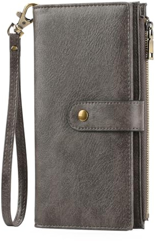 GOIACII Geldbörse Damen Groß im Langformat Leder Portemonnaie Damen mit RFID Schutz, Geldbeutel für Frauen mit 16 Kartenfächer und Handschlaufe Grau