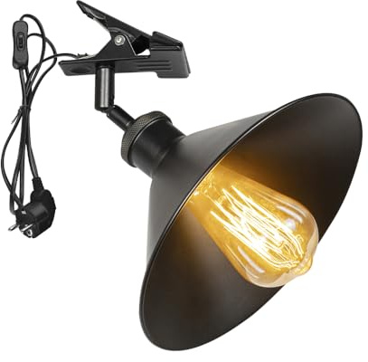 FSLiving Verstellbare Klemmlampe mit E27-Fassung,1 Packung Leselampe mit 1,8 m Kabel, Dimmbar Nachttischlampe,Schreibtischlampe für Büro Heimgebrauch - 22 * 8cm Schwarz Lampenschirm- TD0603
