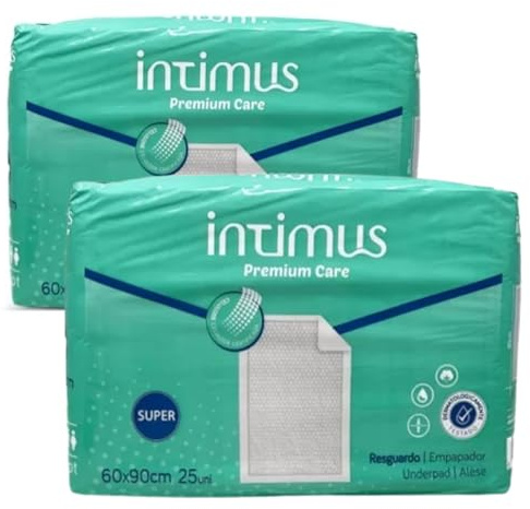 Salvacamas Desechables Intimus 60x90 cm 50 Unidades. Empapadores Absorción Super. Resguardos Bebé. Protector de Cama para Incontinencia. Empapadores Perros 60x90 cm. Empapadores Cama Adultos.