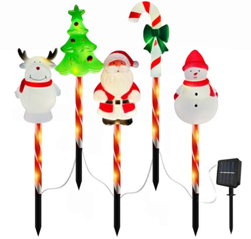 5 Pcs Solar Christmas Pathway Lights, Christmas Garden Stake Lights 8 Modes Waterproof LED Outdoor Decorations with Santa Reindeer Snowman Tree Candy Cane for Outdoor Pathway Yard Decor (Xmas)