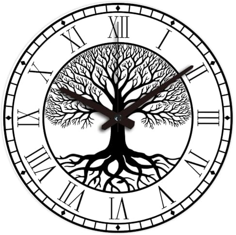CHGCRAFT Black Tree of Life Pattern Wall Clock 12 Inch Non-Ticking Roman Text Clocks Round Wall Hanging Clock Battery Operated for Bedroom Living Room Kitchen Office